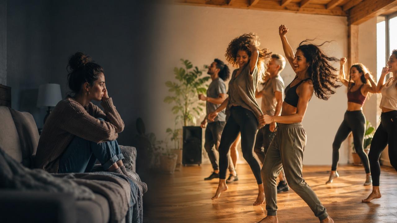On the left, someone watching alone on the couch; on the right, a group dancing together in a live class